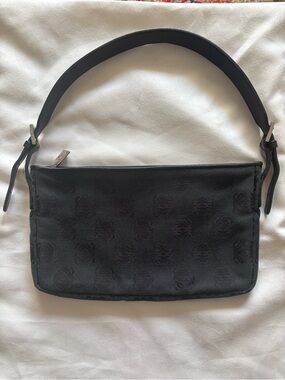 Loewe Vintage Canvas Jacquard Anagram Black Small Shoulder Bag with Leather Trim